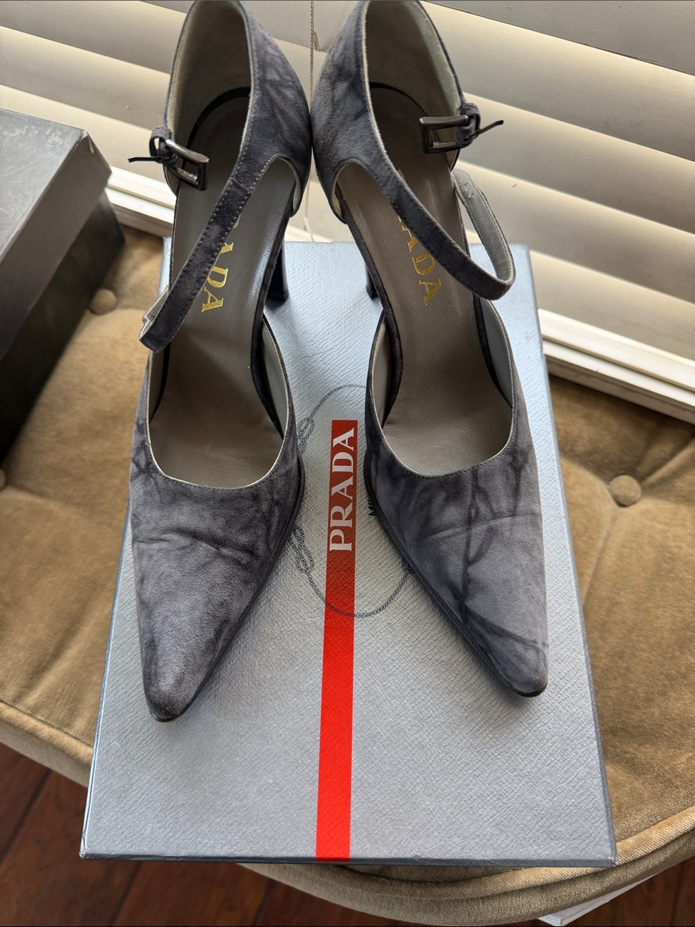 Prada Gray Suede Pointed Mary Jane Heels